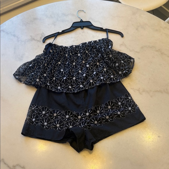 A. Calin Pants - NWOT A. CALIN midnight navy  Floral Lace Off-Shoulder Romper